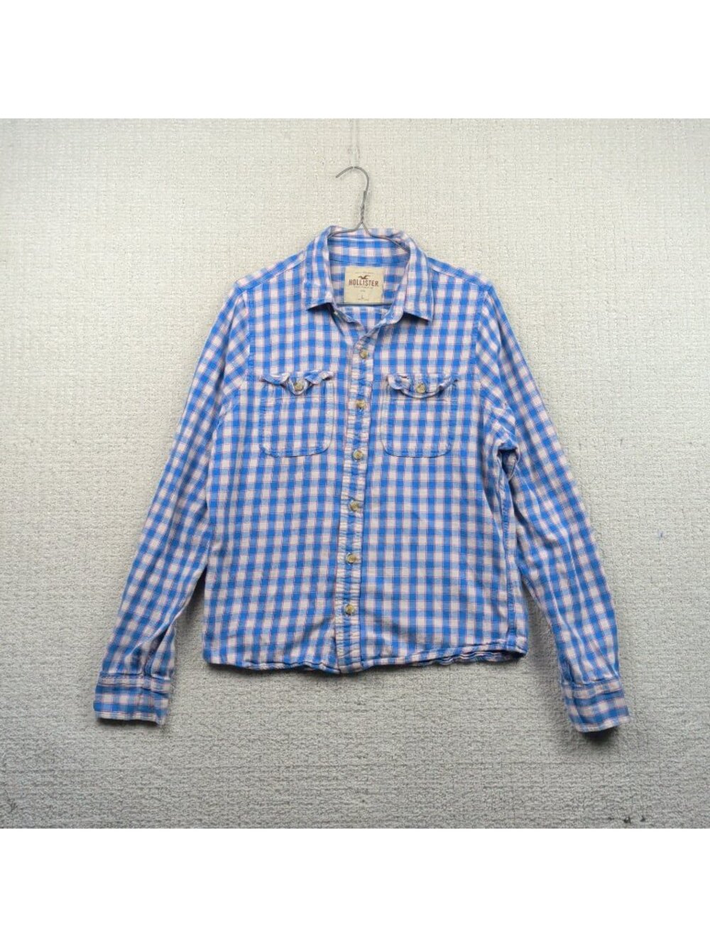 Hollister Men’s Flannel Long Sleeve Shirt Red White Blue Plaid Size L Button Up